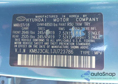 2018 Hyundai Tucson Sport z USA, uszkodzony, nr VIN KM8J3CAL1JU723786